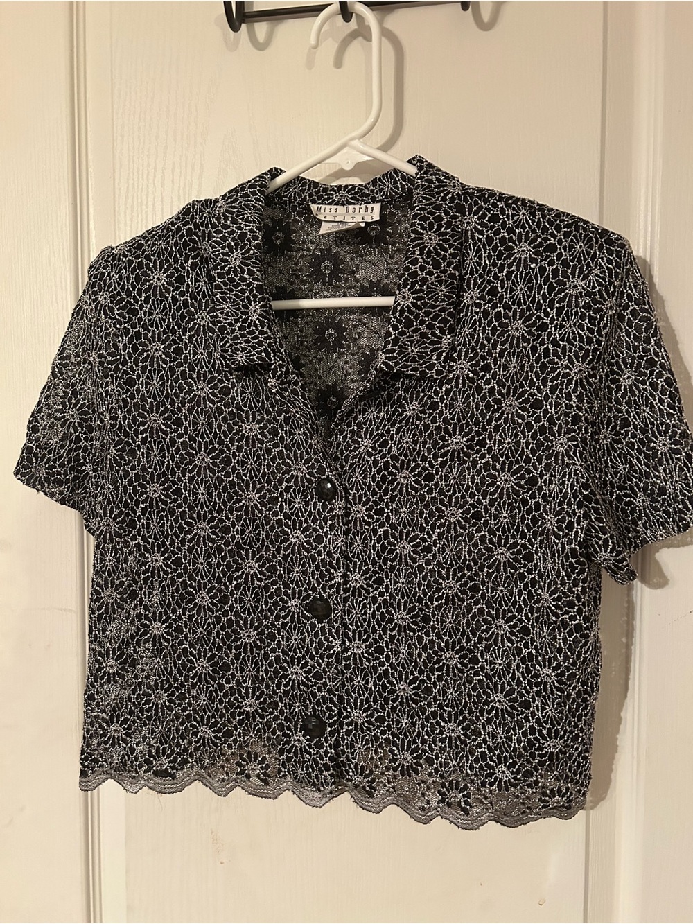 Black Lace Short-Sleeve Button Front Blouse by Miu Miu